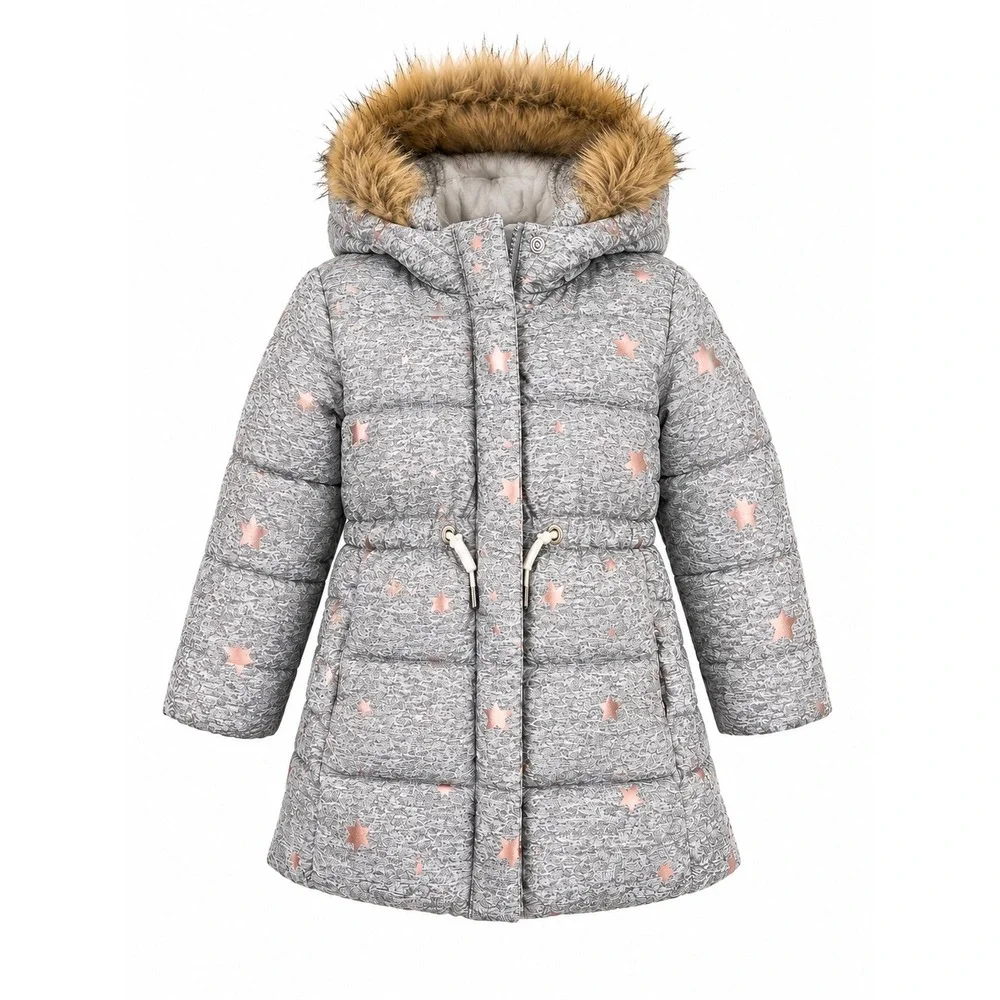 New Baby Gap Gray Rose Gold Star Puffer Jacket Faux Fur Hood 18-24 Mon